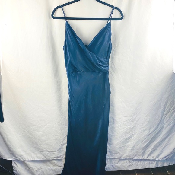 Bardot Dresses & Skirts - Bardot Navy Blue Satin Wrap Style Formal Dress 10/Large Leg Slit Maxi Bridesmaid